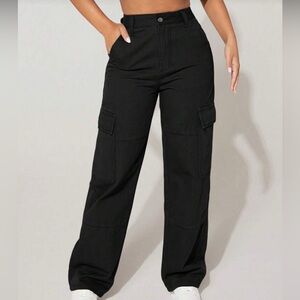 SHEIN Black Wide High Waist Leg Cargo Pants
